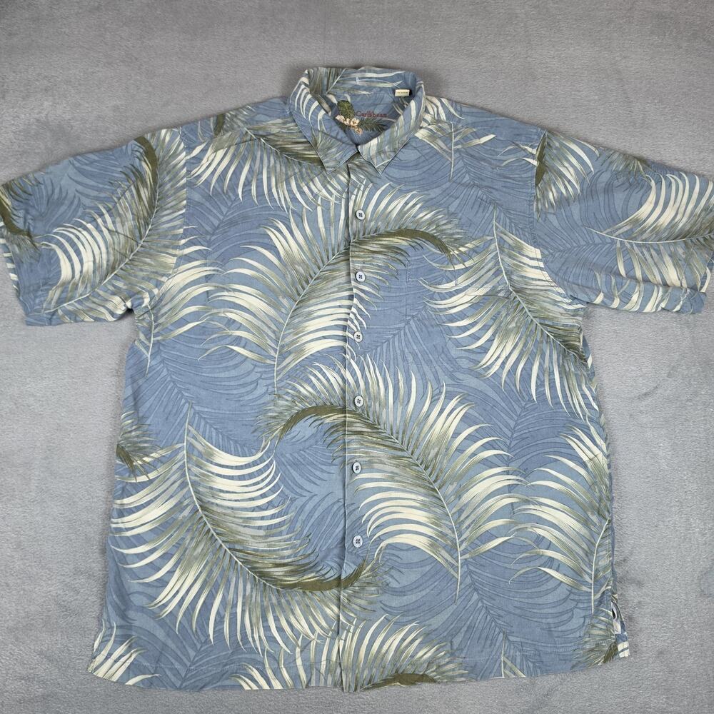 Caribbean 100% Silk Hawaiian Camp Shirt Men Large Blue Tropical Palm Leaf Button